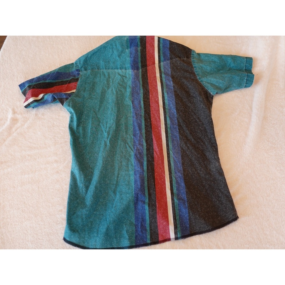 90s VINTAGE American Hero Short Sleeve Pearl Snap Shirt Medium Green Red Striped - Picture 10 of 10